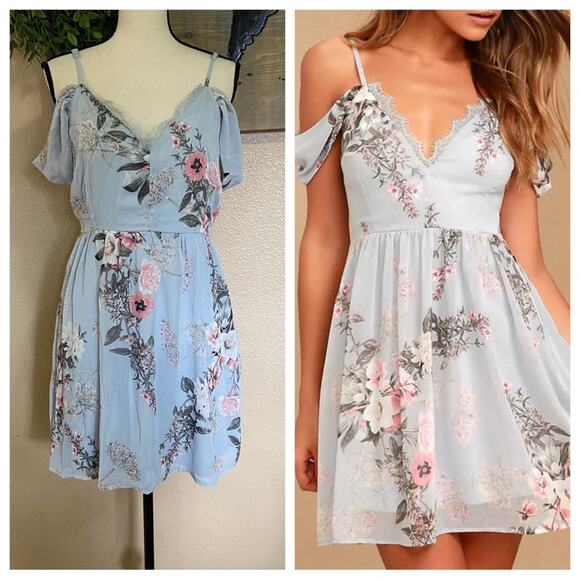 Lulus Dresses & Skirts - NWOT Lulus Verona Light Blue Floral Print Off-the-Shoulder Lace Dress